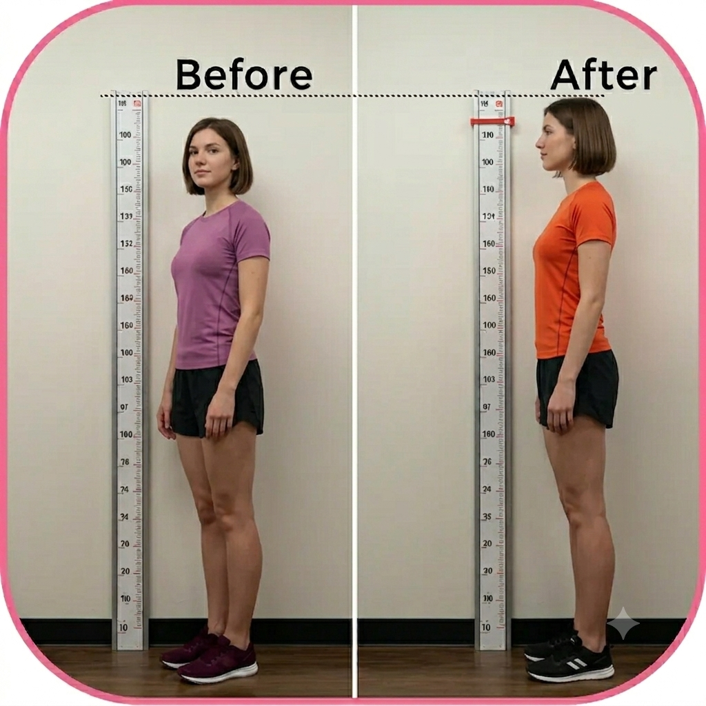 AI-generated before and after illustration of a young woman showing height comparison